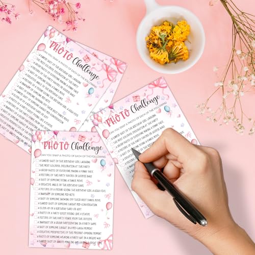 Image of Pink Slumber Party Games Card - Coquette Pink Bow Themed Sleepover Slumber Party Supplies -Sleepover Stuff - Birthday Night Games Creative Idea -Photo Challenge- 20 Game Cards