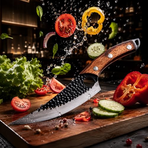 Image of Professional Japanese Kitchen Knife with Wooden Handle | Ultra Sharp Chef Knife for Meat, Vegetable & Fruit Cutting | Premium Damascus Steel Cooking Knife