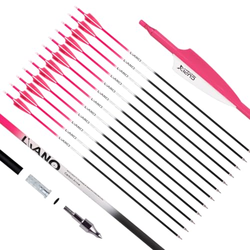 LWANO Flechas Carbon Arrow Archery 76.2 cm Hunting Target Practice Arrows for Compound & Recurve Bow Spine 500 com pontas removíveis (pacote com 12) (rosa, 78 cm)