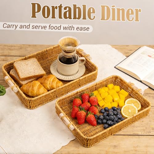 2-Pack Large Rectangular Faux Rattan Serving Tray with Wooden Handles – Durable Woven Plastic Style for Kitchen, Dining, Picnics & Decor, Easy to Clean by CIXIZUIJIA - Image 6