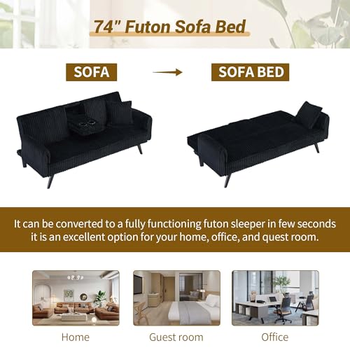 72\" Modern Corduroy Sofa Bed Futon,Convertible Sleeper Couch Bed with Cup Holder,4 Reclining Positions,Folding Sofa Cloud Loveseat for Small Living Room Apartment Office (Black-New) - Thumbnail 7