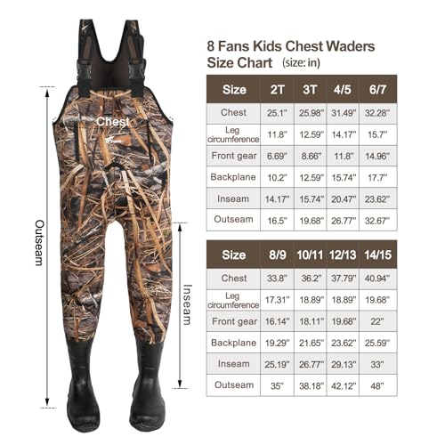 8 Fans Hunting Waders for Kids, Neoprene Youth Fishing Waders with Boot, Lightweight Chest Waders for Toddler Children (Next Camo Evo(s), 12/13#)