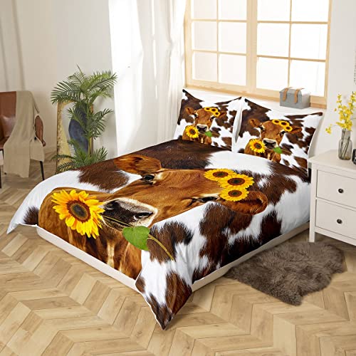 Erosebridal Highland Cow Bed Sets Cattle Bull Duvet Cover Twin Brown Cow Print Bedding Set Sunflower Printed Comforter Cover Wild Animal Bedroom Set For Kids Toddler Bedroom Decorations #TOP1