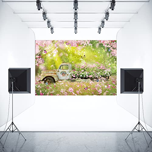 Aperturee 7X5Ft Spring Scenery Photography Backdrop Nature Green Forest Tree Grass Sunshine Flower Butterfly Truck Background Birthday Baby Shower Landscape Photo Shoot Studio Booth Props Banner Prop #TOP3