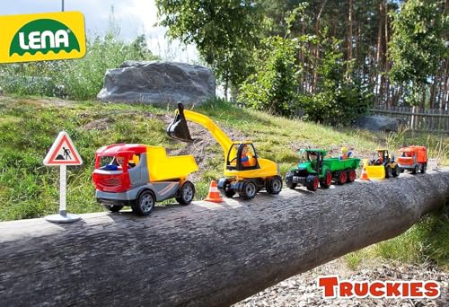 Lena Truckies Traktor mit Anhänger 38 cm, grün, Robustes Sandkasten Spielzeug mit abnehmbaren Anhänger, klappbare, Fahrerhaus, Kippmulde & Spielfigur, für Kinder ab 2 Jahren,