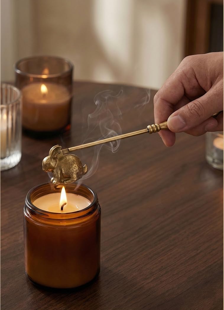 Brass Gold Candle Snuffer with Decorative Rabbit Figurine, Vintage Candle Extinguisher 9.3 Inch Long Handle,Flame Snuffer Candle Accessory