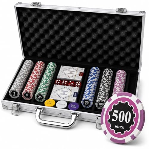 HEITOK Poker Koffer 300 Chips Set – 11,5g Pokerchips mit Wertaufdruck, Alu-Koffer, Karten, Würfel & Button