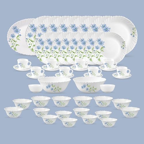 La Opala Diva Classique Collection Opal Glass Crockery | for Family of 8 | Dinner Set 53 pcs Blue Daisy | Plates, Bowls & Cups for Dining | Microwave Safe | 100% Vegetarian | Extra Strong | White