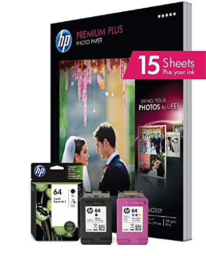 HP 64 | 2 Ink Cartridges with 15 Sheets of 8.5x11 Photo Paper | Black, Tri-Color | N9J90AN, N9J89AN