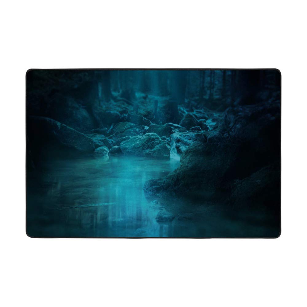 Tapis de salon bleu foncé sur le thème rivière et forêt