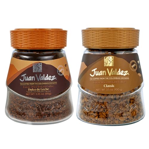Juan Valdez Freeze-Dried Instant Coffee Bundle - Regular (3.5 oz) & Dulce de Leche (3.35 oz) Flavors | 100% Colombian Arabica Beans | Smooth & Rich Taste - Premium Colombian Coffee | 2 Jars