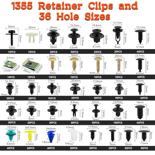 Image of 1355Pcs Car Retainer Clips & Metal Fasteners Kit - 36 Sizes Auto Push Rivets, Bumper U-Nuts & Screws with 5 Blue Trim Tools, Cable Ties. 3-Layer Storage Box for GM Ford (1355Pcs)