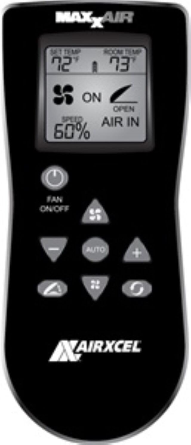 MAXXAIR Maxxfan Deluxe - Campana de Techo (plástico, 12 V, 10 velocidades, termostato, Cubierta de Lluvia, Mando a Distancia, 35,5 x 35,5 cm)