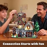 Loyratche Medieval Wood Cabin Building Set with Light, Wooden Forest House Blocks Toy with Rotating Windmill Waterwheel Castle Architecture Modular Ideal Gift for Adults Teens 14+