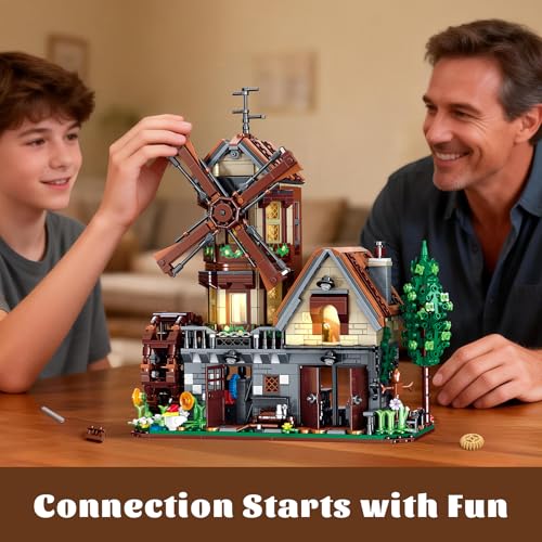 Loyratche Medieval Wood Cabin Building Set with Light, Wooden Forest House Blocks Toy with Rotating Windmill Waterwheel Castle Architecture Modular Ideal Gift for Adults Teens 14+