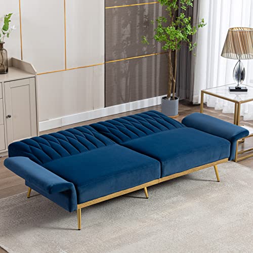 Ttgieet 70" W Velvet Convertible Futon Sofa Bed, Mid Century Modern Decor, Tufted Loveseat Couch Sleeper Futon Sofa With Adjustable Armrests& Golden Metal Legs For Home Living Room Bedroom (Blue) #TOP2