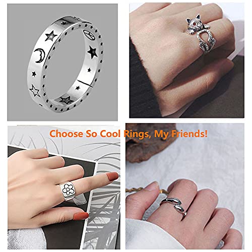 Aogrzun 16 Pcs Cool Silver Plated Frog Open Rings Set, Vintage Matching Rings, Cute And Stylish, Snake, Hug, Smiley Face, Moon And Sun Rings For Couples, Gift For Women Men Girls #TOP2