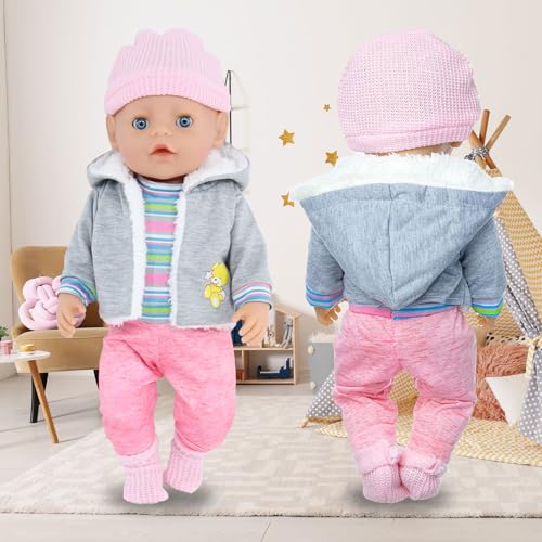 Baby Puppen Puppenkleidung 35-43 cm 1 graue Jacke + 1 gestreifter Pullover + 1 Strickmütze + 1 Paar Socken, Kleidung Outfits für Baby Kinder Mädchen Jungen (Puppe Nicht enthalten)