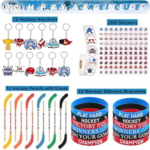 Ice Hockey Party Party Gifts Supplies with Pencils with Erasers Keychains Silicone Bracelet and Stickers for Hockey Sports Themed Birthday Party Decorations Carnival Goodie Bags Fillers Rewards