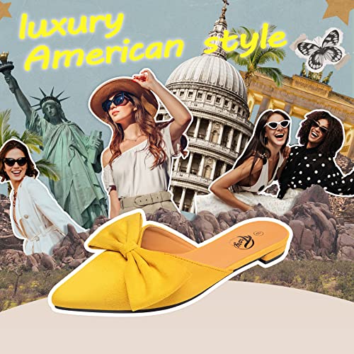 Trary Backless Loafers For Women, Slip On Poited Toe Yellow Mules For Women Flats, Bow Closed Toe Yellow Flats Ladies Mules For Women Flats, Suede Women's Mules, Yellow Mules Shoes For Women-Yellow 06 #TOP3