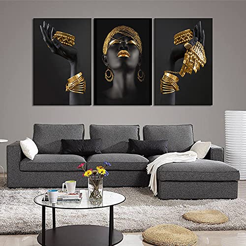 Mamago Canvas Wall Art Painting African Woman Pictures Modern Gold Black Woman Holding Gold Jewelry Posters Prints Artwork Home Decor For Living Room Bedroom Office Framed Ready To Hang - 24"X36"X3Pcs #TOP2