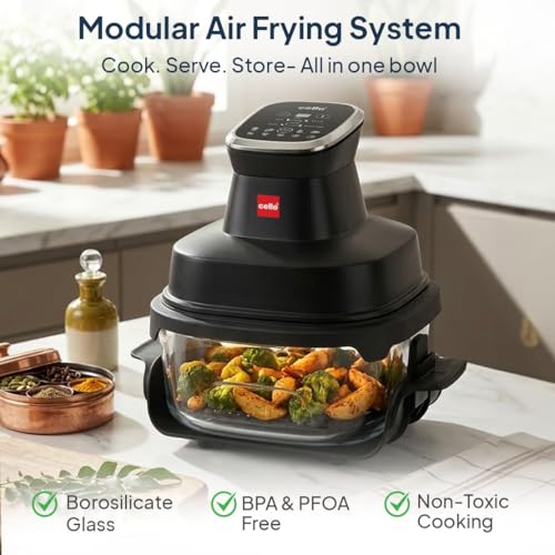 CELLO Airmate Modular Air Fryer with 5MM Borosilicate Glass Bowl 4L | 90% Less Fat Cooking, 1500W High Speed 360° Air Wave Technology | For Fry Bake Crisp Keep Warm, Cook Serve Store, Dishwasher Safe view 2