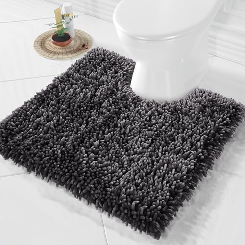 Image of Yimobra Toilet Rugs U Shaped Washable, Extra Thick Soft Absorbent Chenille Contour Bathroom Rugs for Toilet 24x24 Inch, Quick Dry Non Slip Toilet Mat for Bath Floor, Dark Grey
