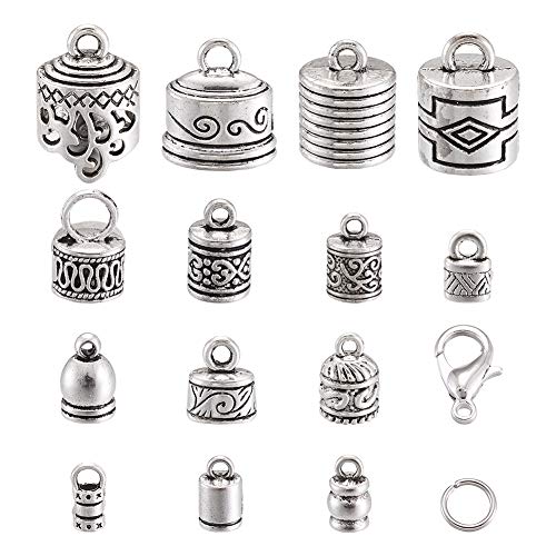120Pcs Tibetan Silver Glue In Leather Cord End Tassel Caps 14 Styles Column Barrel Loop Clasps With Lobster Clasp & Jump Rings For Diy Jewelry Making #TOP7
