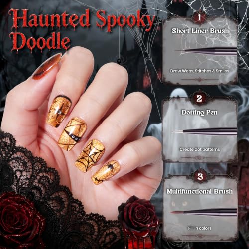 Image of Beetles Halloween Nail Art Brushes Set, 5Pcs Nail Liner Brushes, Dotting Tools,Fingernail Art Design Pens with Holder&Palette for Gel Polish, Spider Web, Blood Drip and DIY Salon Dark Romance Designs