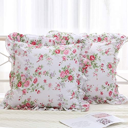YOKKITA Rose Floral Ruffle Pillow Sham Covers Euro Shams 26x26 inches Set of 2, Cotton English Cottage Garden Vintage Farmhouse Boho French Country Pillowcases (Shabby Rose, 26x26)