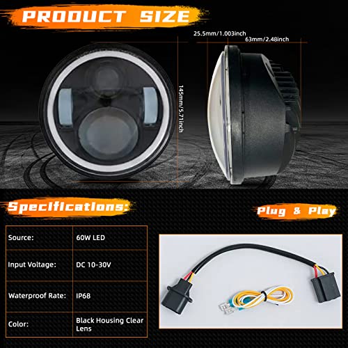 Lqqdp 4Pcs 5.75" Inch Round Black Housing Clear Lens Led Assembly H4/9003/Hb2 Conversion Kit Halo Angel Eye Projector Headlights Amber Turn Signal/Parking White High/Low Beam Drl Daytime Running Light #TOP1