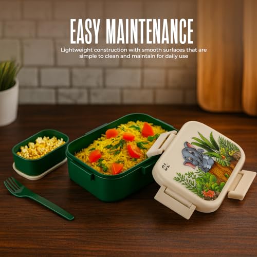 Image of Lunch Box with Spoon Fork & 1 Plastic Box | Leak Proof Lock Mechanism | Microwave Dishwasher & Freezer Safe Lunch Box for Kids & Adults School Office Use