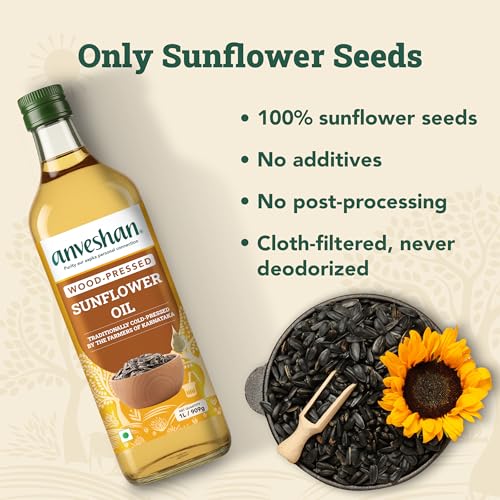 Image of Anveshan Wood Cold Pressed Sunflower Oil 1L | Plastic Bottle | Kolhu /Chekku | Extracted on Wooden Churner | Natural | Chemical-Free | Cold Pressed Sunflower Oil for Cooking