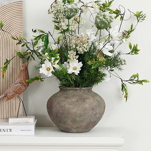 LuxenHome Round Rustic Ceramic Vase, 10" Wide Terracotta Pot with