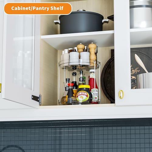2 Tier Lazy Susan Turntable for Cabinet,Countertop,Pantry,9.5\"W Spinning Seasoning Organizer,Double Rotating Kitchen Spice Rack Organizer and Condiments,Medicine,Vitamin Bottle Organizer Carousels,1Pc - Thumbnail 2