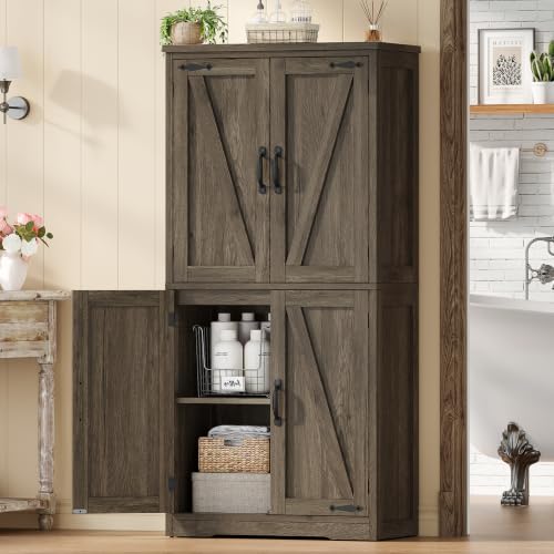 Image of TEENFON 58 inch H Storage Cabinet with Adjustable Shelf, Farmhouse Kitchen Pantry Cabinet, Bathroom Cabinet with 4 Doors, Cupboard for Kitchen, Bathroom, Living Room, Dark Walnut