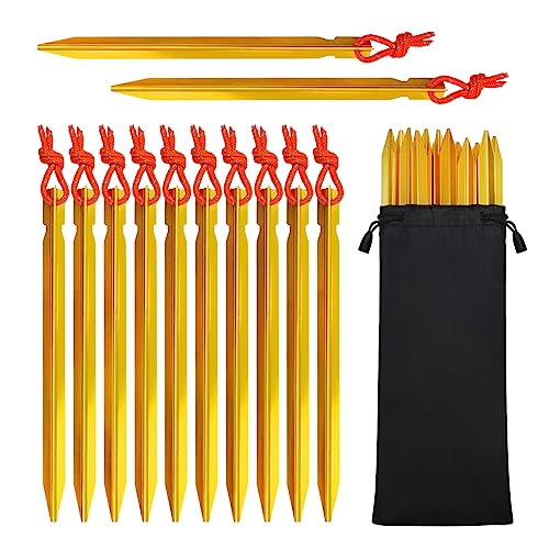 JOYSKY 12 PCS Aluminium Tent Pegs Lightweight Camping Pegs Tent Stakes with Reflective Cord suitable for Tents Tarpaulins and Hammock Rain Covers