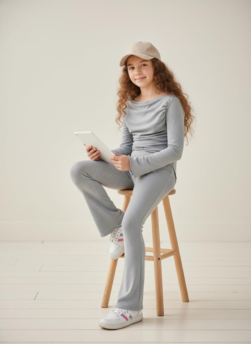 Girl's 2 Piece Outfit Off The Shoulder Ruched Top Asymmetrical Neck Hanky Hem Top Flare Pant Set Lounge Set for 8-12Y image 5