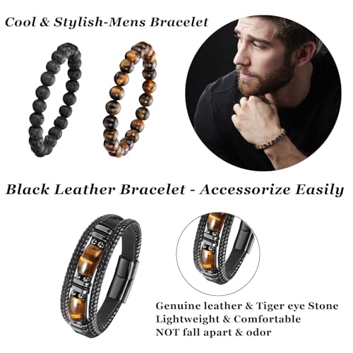 Mens Bracelet Set Black Leather Bracelets for Men Tiger Eye Bracelet 8mm Lava Rock Beaded Bracelets Adjustable Stretch2