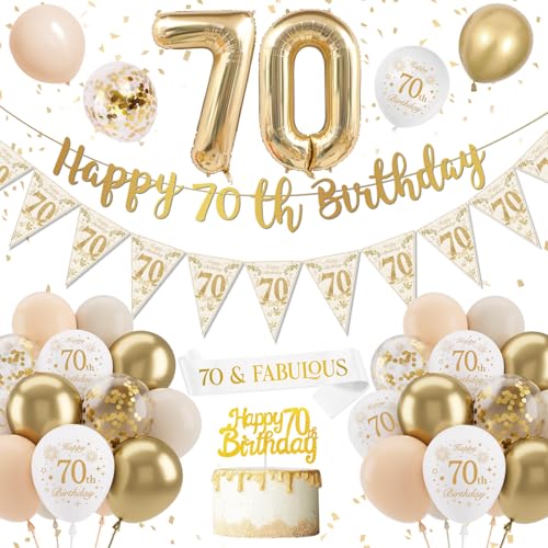 Decoração de aniversário 70 anos mulher e homem, balões 70 dourado branco, 70 anos de decoração de aniversário, faixa de feliz número 70 balão para mulher