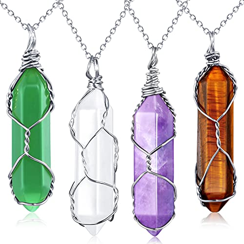 Yaomiao 4 Pieces Hexagonal Crystal Pointed Quartz Pendants Natural Healing Crystal Necklaces Reiki Chakra Charm Pendant Necklace with Tree Wire Wrapped for Women Girls (Vivid Color with Silver Chain)