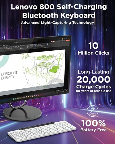 Image of Lenovo 800 Self-Charging Bluetooth Keyboard, Uses Ambient Light for Charging, Bluetooth 5.1, Supports 3 Devices, Battery Free, Wireless, White