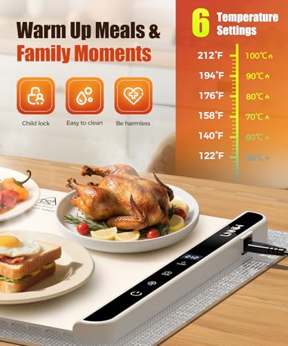 Image of Food Warming Mat with Heat-Resistant Pad, 26X15 Inch, 6 Temperature & 6 Timer Settings, Child Lock Safety,Food Warmer Chafing Dishes for Buffet,Gatherings,Parties,Everyday Use