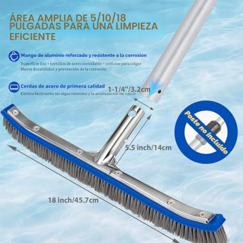 Miniatura 2 de Cepillo Piscina 18 Pulgadas 45,7 Cm Con Cerdas De Acero Y Nylon, Cepillo Limpieza Piscina Con Base De Aluminio Y Clip Ez Para Pértiga Telescópica, Cepillo Resistente Para Fondo Y Paredes Enterrada