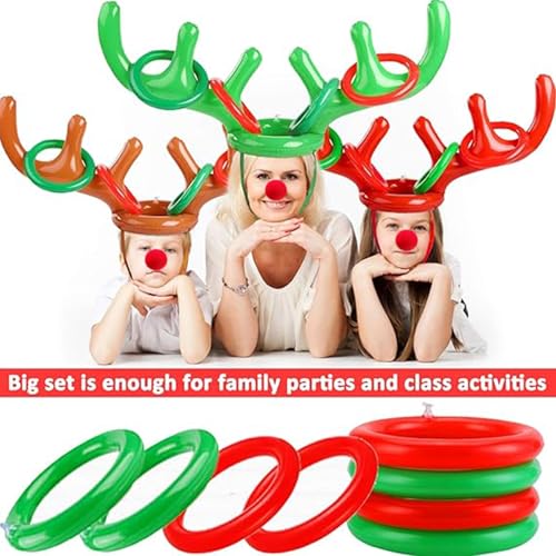 18 Pcs 3 Set Inflatable Reindeer Antler Ring Toss Christmas Party Games Kids Family Toys Stock Stuffer Christmas Activities Decorations Carnival Supplies Gifts Grandkids- 3 Antlers 12 Rings 3 Red Nose