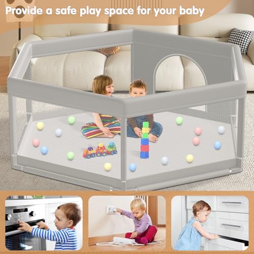 Image of Large Baby Playpen 65x65 Inch, Play Pens for Babies and Toddlers Hexagonal Type Baby Play Yards for Indoor & Outdoor with Breathable Mesh Anti-Fall