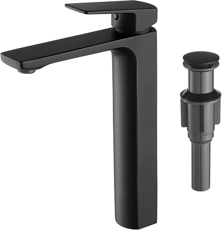 VOTON Vessel Sink Faucet Matte Black Tall Bathroom Faucet Single Handle Vanity Bathroom Sink Faucet 1 Hole Basin Mixer Tap with Water Supply Hose and Pop Up Sink Drain