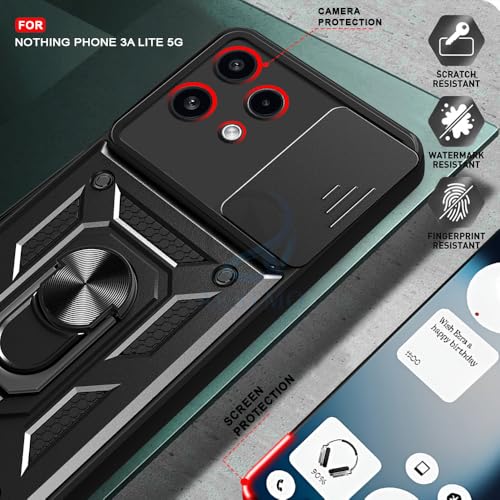 Image of AESTMO Tough Armor Nothing Phone 3A Lite 5G Bumper Back Case Cover | Ring Holder & Sliding Camera Shield Cover | 360 Degree Protection Back Case Cover for Nothing Phone 3A Lite 5G (Black)