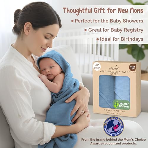 Image of 100% Organic Cotton Muslin Baby Hooded Towel, 32x32 in, Deep Blue & Aquarius, 2 Pack, Soft Absorbent 4-Layer Hooded Bath Towel for Newborns, Infants,Toddlers, Boys,Girls, Oeko-TEX