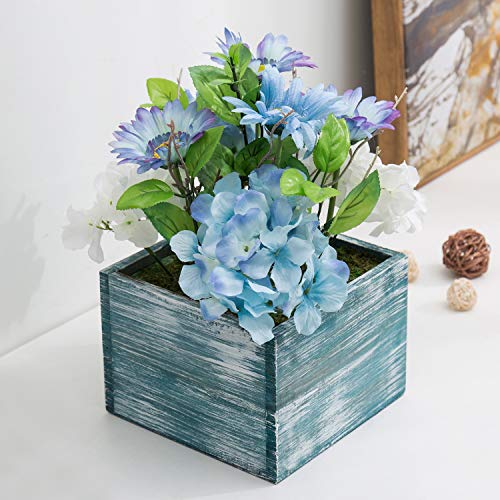 Mygift White And Violet Artificial Flowers For Decoration, Faux Floral Arrangement In 7-Inch Rustic Blue Wood Planter Box #TOP3